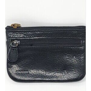 Fossil Change Purse Black Pebbled Genuine Leather Zip Top Side Pocket
